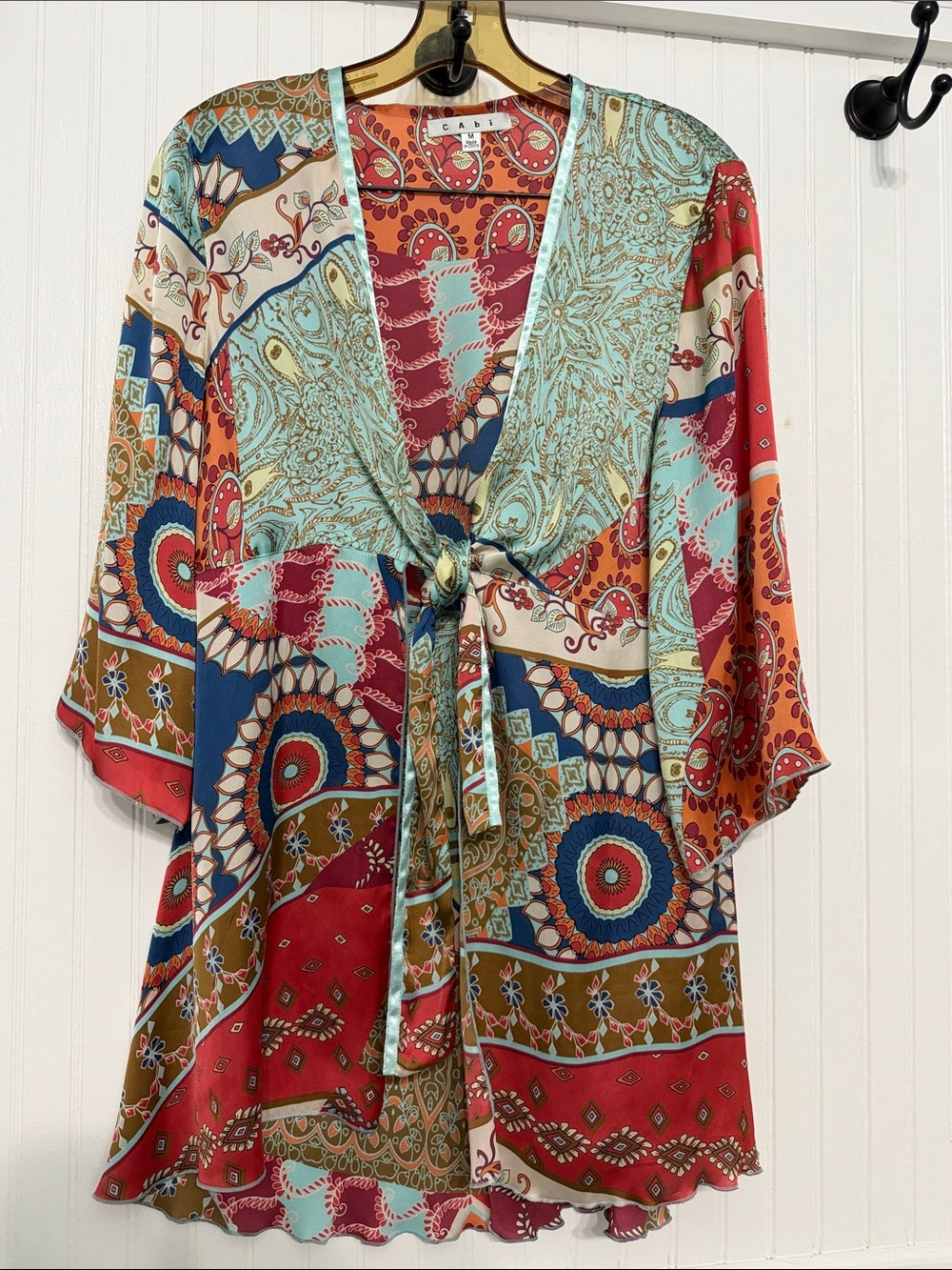CAbi Colorful Paisley Patchwork Tunic Cardigan BOHO Satin Trim EUC - Picture 2 of 4